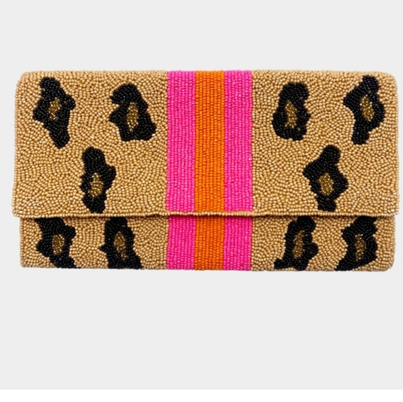 Handbags - Leopard Patterned Color Block Seed Beaded Clutch / Crossbody Bag